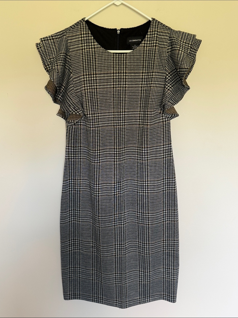 Liz Claiborne Black and Tan Plaid Flutter Sleeve Midi Dress